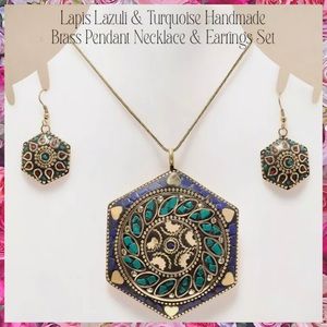 Crushed Turquoise Lapis Lazuli Turkish Brass Pendant Necklace & Earrings